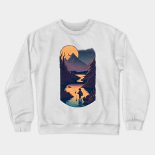 Fishing in a river with a sunset view artwork Crewneck Sweatshirt